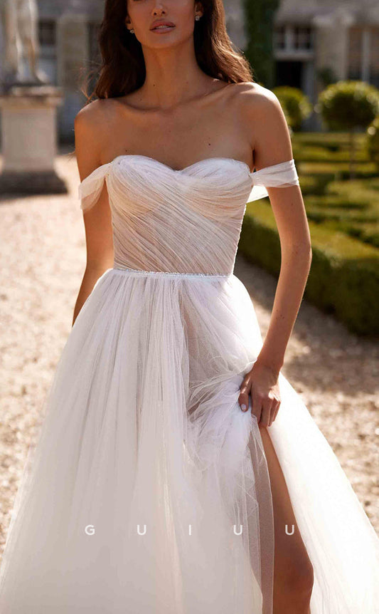GW229 - Chic & Modern Off-Shoulder Tulle Sheer Long Beach Boho Wedding  Dress