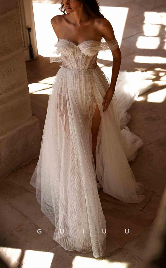 GW230 - Classic Simple Off-Shoulder Sheer Tulle Long Beach Boho Wedding  Dress