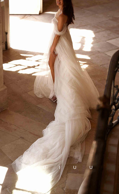 GW230 - Classic Simple Off-Shoulder Sheer Tulle Long Beach Boho Wedding  Dress
