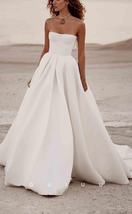 GW231 - Classic Simple A-Line Satin Long Beach Boho Wedding  Dress With Bow