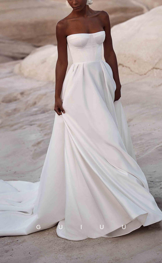 GW232 - Classic Simple A-Line Strapless Satin Long Beach Boho Wedding  Dress