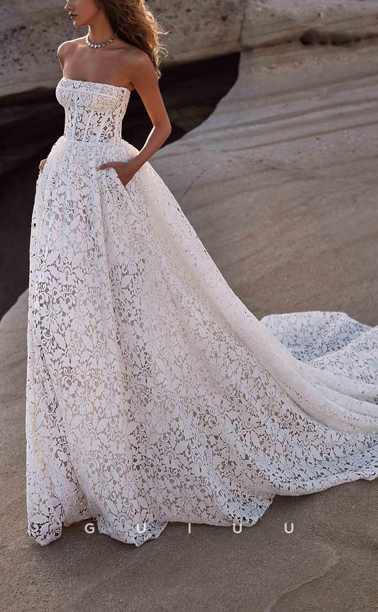 GW233 -  Simple Strapless Illusion Cutout Lace Long Beach Boho Wedding  Dress