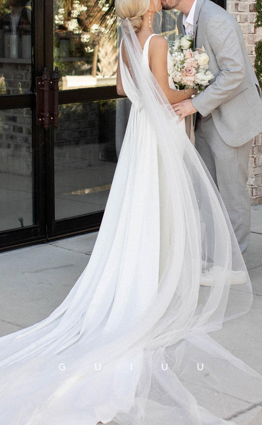 GW239 - Classic Simple V-Neck Satin Long Beach Boho Wedding  Dress