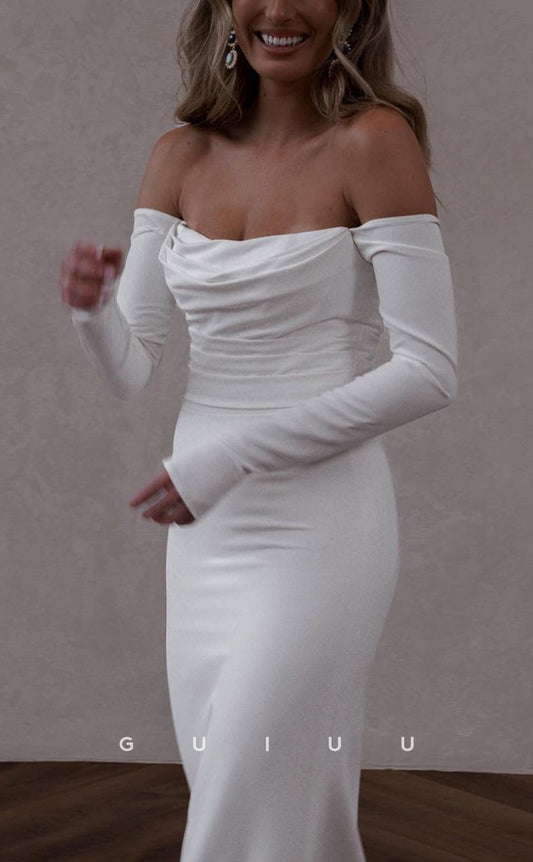 GW240 - Sheath Simple Off-Shoulder Satin Long Beach Boho Wedding  Dress