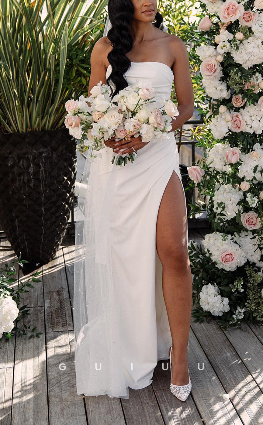 GW242 -  Simple Sheath Strapless Ruched Satin Long Beach Boho Wedding  Dress