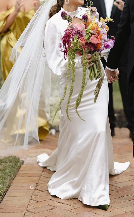 GW243 - Classic & Timeless High Neck Satin Long Beach Boho Wedding  Dress