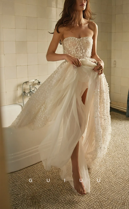 GW248 - A-Line Elegant Satrapless Sheer Applique Long Beach Wedding Dress