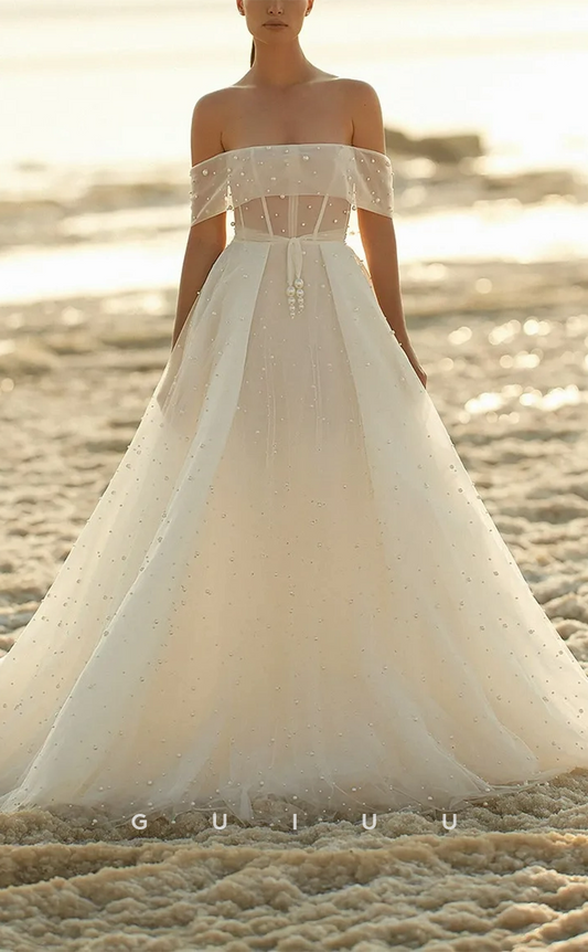 GW250 - Classic & Timeless Off-Shoulder Beaded Sheer Tulle Beach Wedding Dress