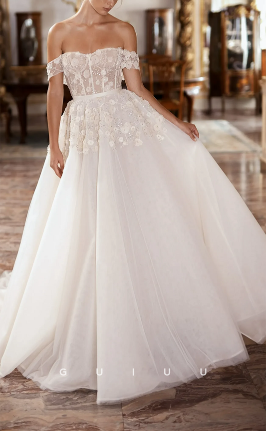 GW251 - Chic & Modern A-Line Off-Shoulder Applique Boho Wedding Dress