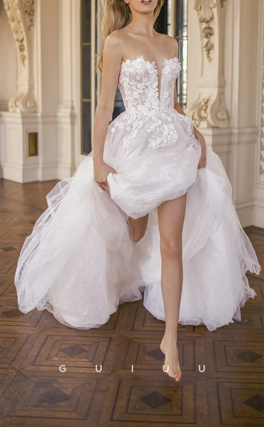 GW252 - Classic & Timeless A-Line V-Neck Applique Tulle Wedding Dresses
