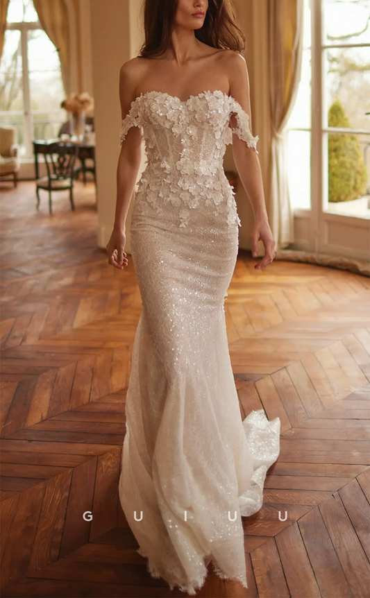 GW253 - Chic & Modern Off-Shoulder Mermaid Applique Glitter Beach Wedding Dress