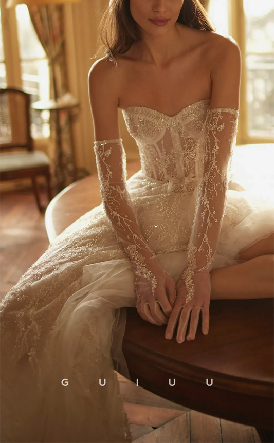 GW254 - Classic & Timeless Strapless Sequins Lace Boho Wedding Dress