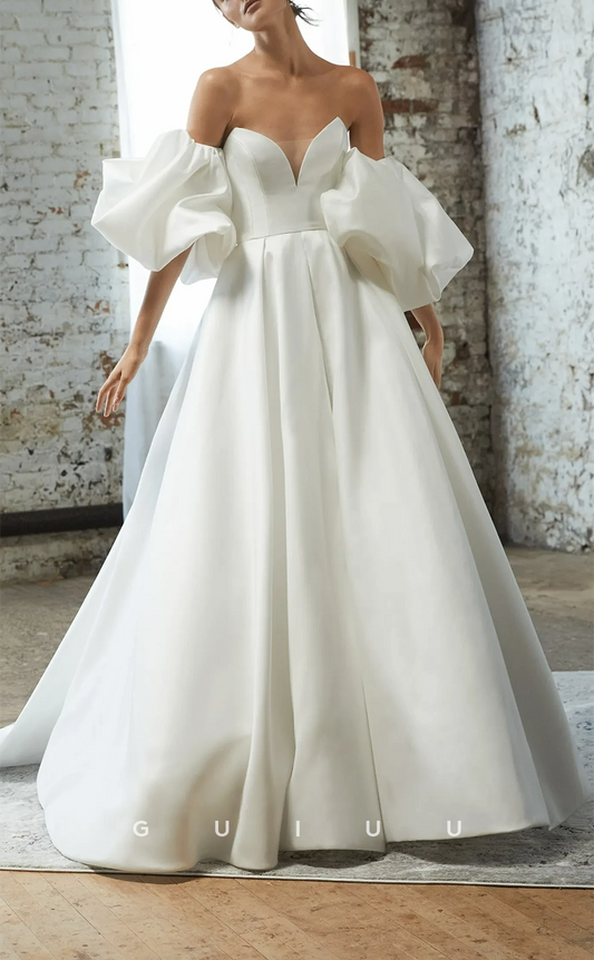 GW256 - Chic & Modern Off-Shoulder Satin Puffy Ball Gown Wedding Dress