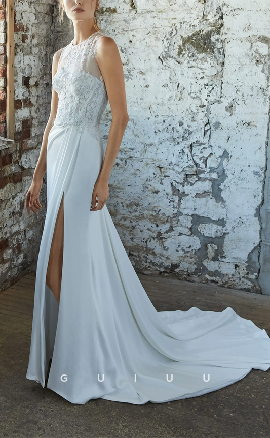 GW257 - Chic & Modern High Neck Applique Satin Long Lace Wedding Dress