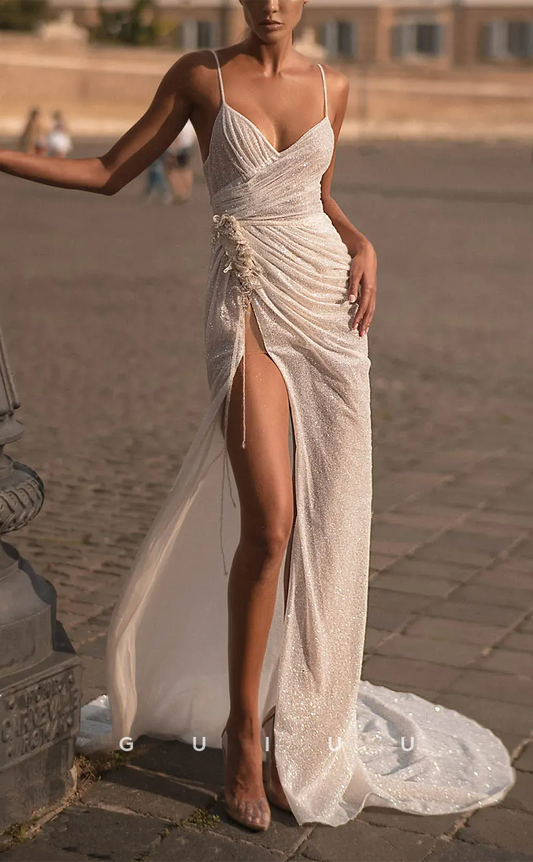 GW260 - Chic & Modern StrapsV-Neck Glitter Long Beach Wedding Dress