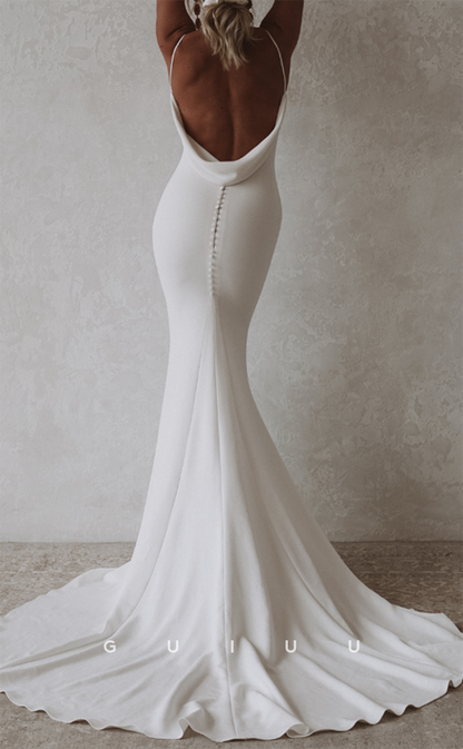 GW283 - Sheath Simple V-Neck Satin Mermaid Long Beach Boho Wedding Dress