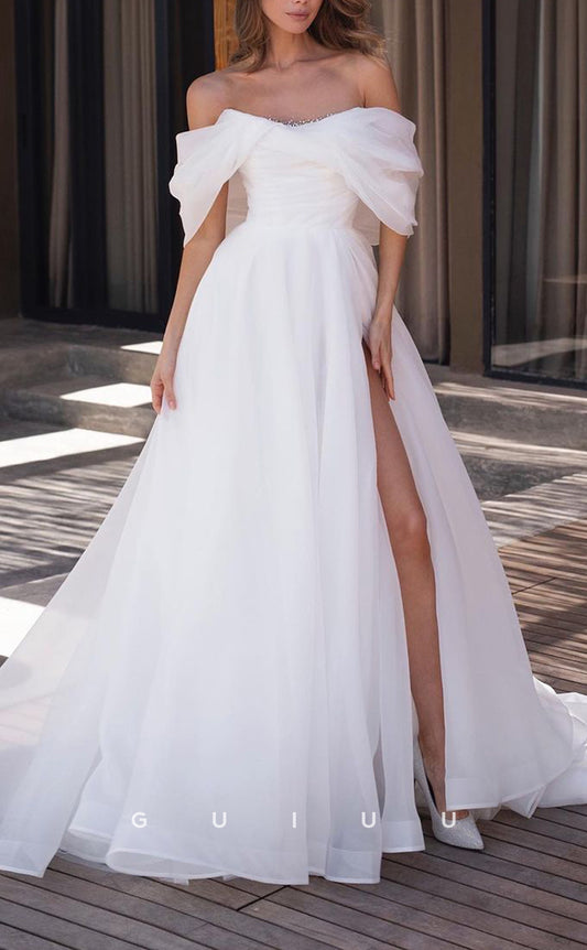 GW298 - Elegant Simple A-Line Off-Shoulder Beaded Tulle Beach Boho Wedding Dresses