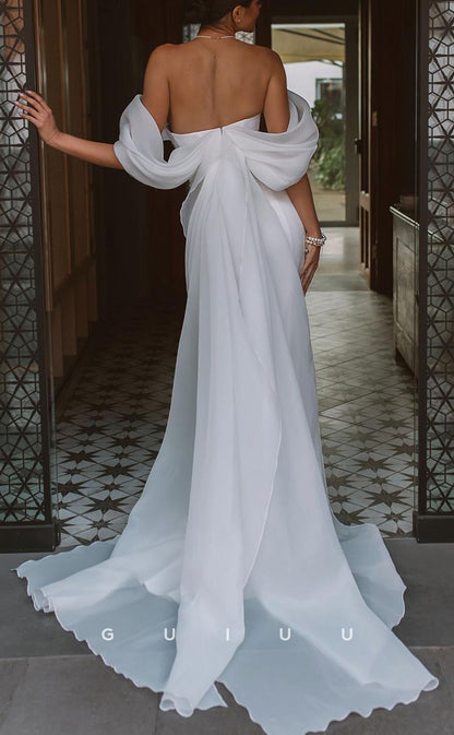 GW300 - Chic & Modern Fitted Satin Tulle Off-Shoulder Beach Boho Wedding Dresses With Bow