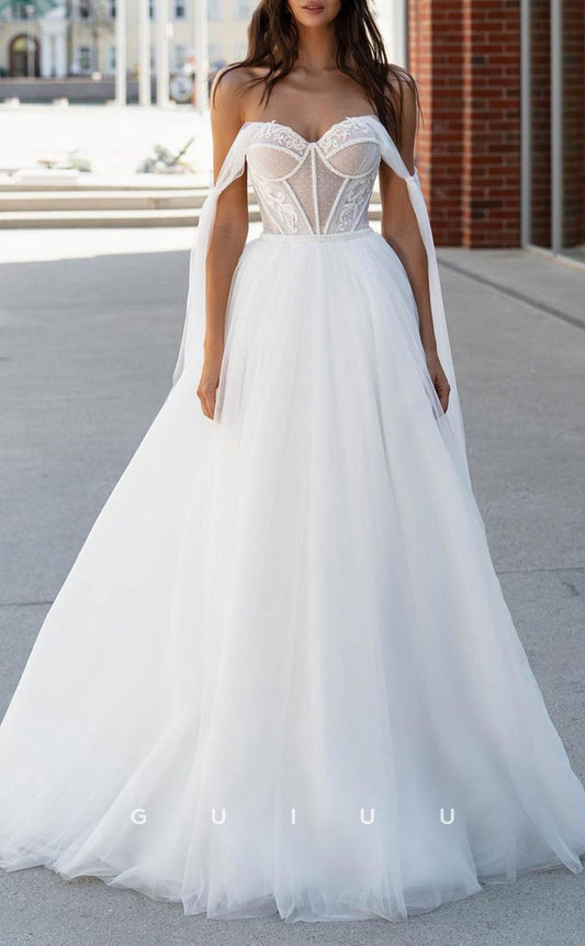GW314 - Elegant & Luxurious  A-Line Off-Shoulder Tulle Beach Boho Wedding Dresses