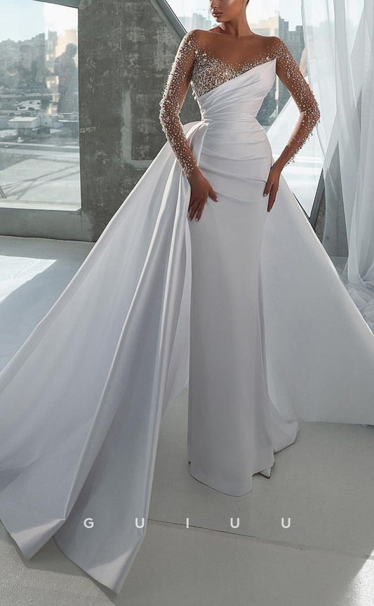 GW325 - Elegant & Luxurious A-Line Satin Beaded Long Sleeves Boho Wedding Dress