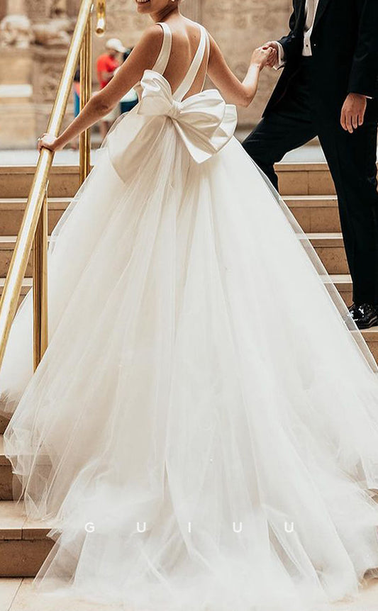 GW341 - Elegant & Luxurious A-Line V-Neck Tulle Boho Wedding Dress With Bow