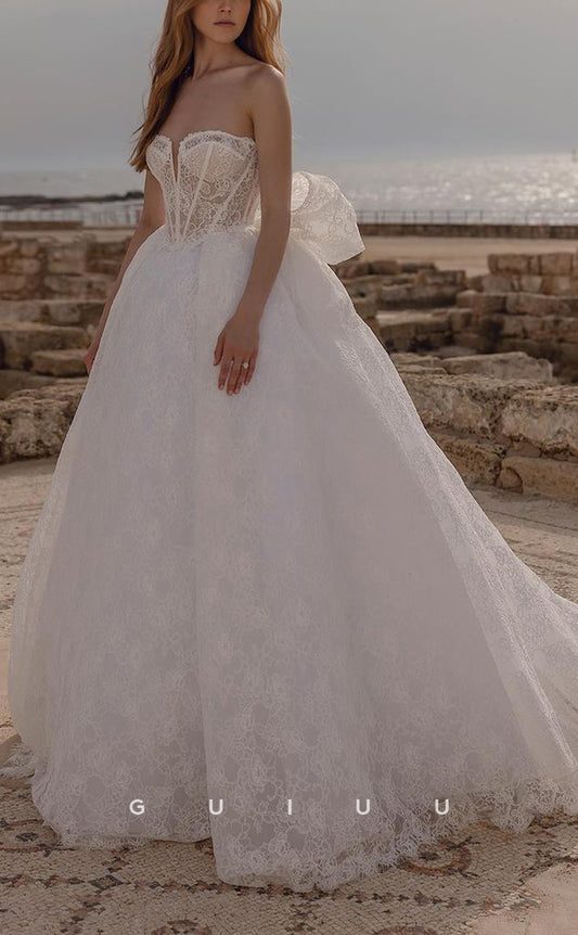 GW342 - Elegant & Luxurious A-Line Strapless Lace Boho Wedding Dress With Bow