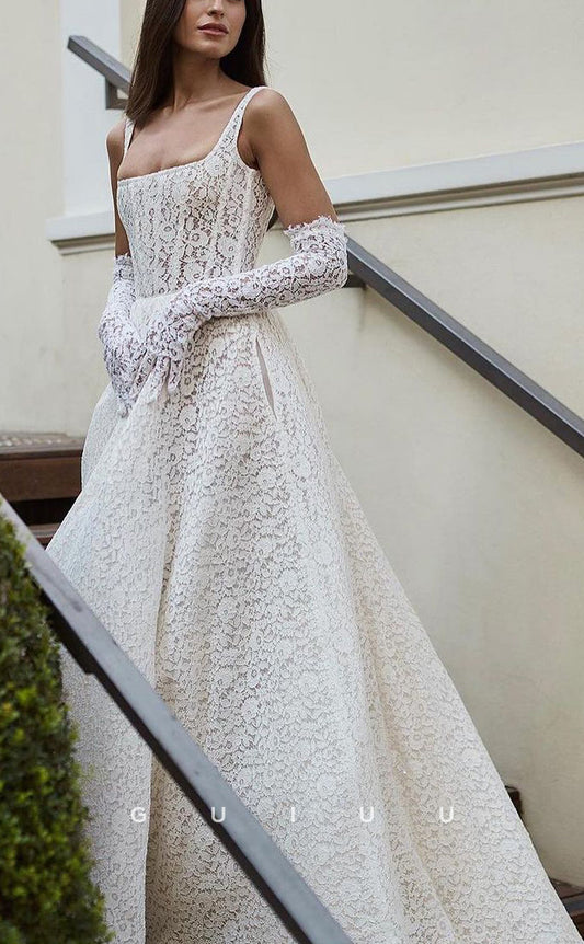 GW344 - Elegant & Luxurious A-Line Lace Square Sheer Boho Wedding Dress