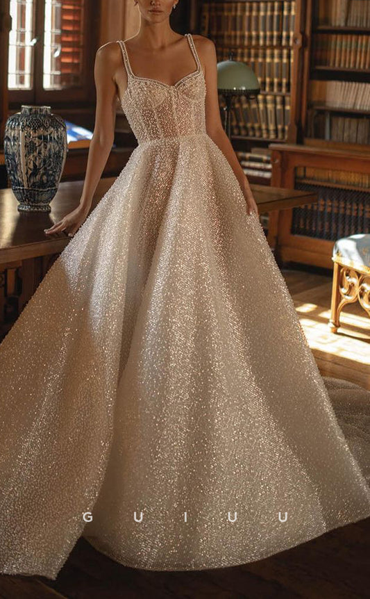 GW345 - Chic & Modern Sparkle A-Line Sweetheart Sheer Boho Wedding Dress
