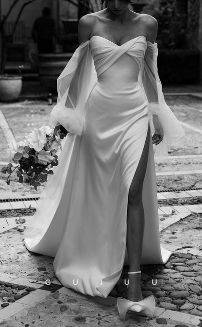 GW346 - A-Line Off-Shoulder Satin Tulle Puffy Sleves Beach Boho Wedding Dress