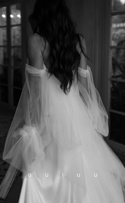 GW346 - A-Line Off-Shoulder Satin Tulle Puffy Sleves Beach Boho Wedding Dress