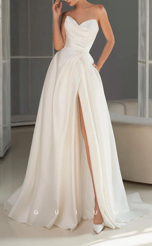 GW350 - Elegant A-Line Strapless Pleats Satin Beach Wedding Dress With Slit