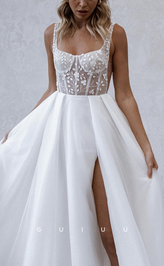 GW359 - Classic & Timeless A-Line Lace Sheer Beach Wedding Dress With Slit