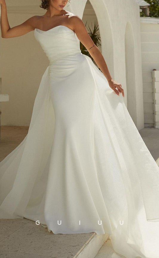 GW361 - Uniuqe Strapless Sheath Satin Beach Wedding Dress With Tulle Bow