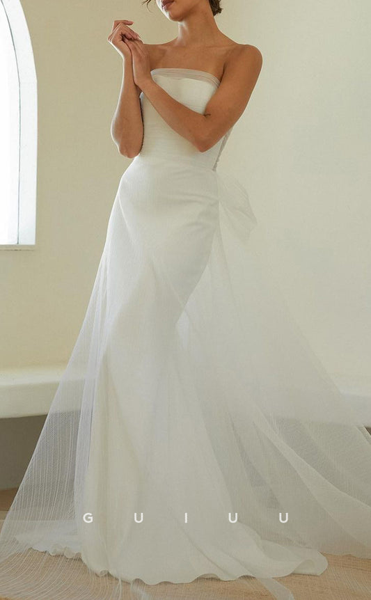 GW363 - Elegant Simple Satin Strapless Bow Beach Wedding Dress With Overlay