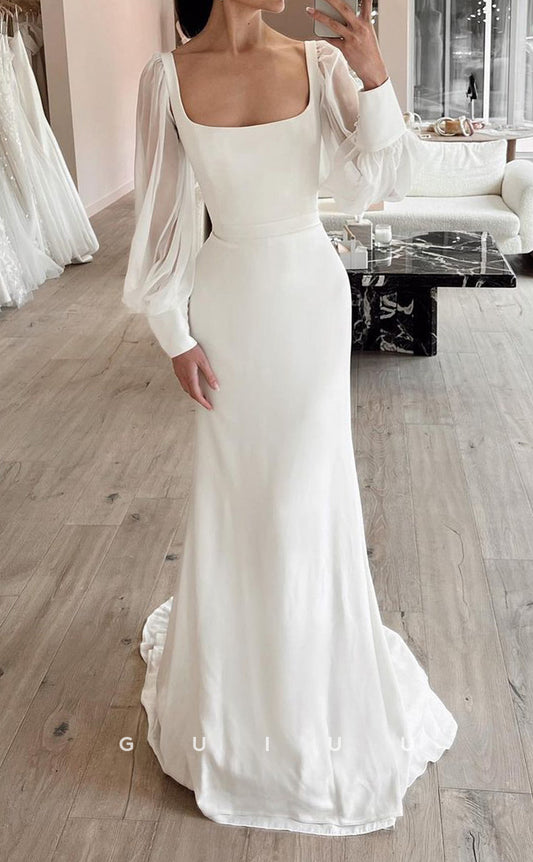GW367 - Elegant & Sheath Square Satin Long Sleeves Beach Wedding Dress