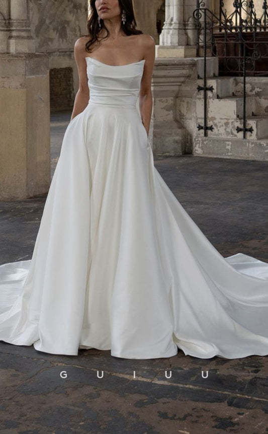 GW370 - Elegant Simple A-Line Straples Beach Wedding Dress With Train