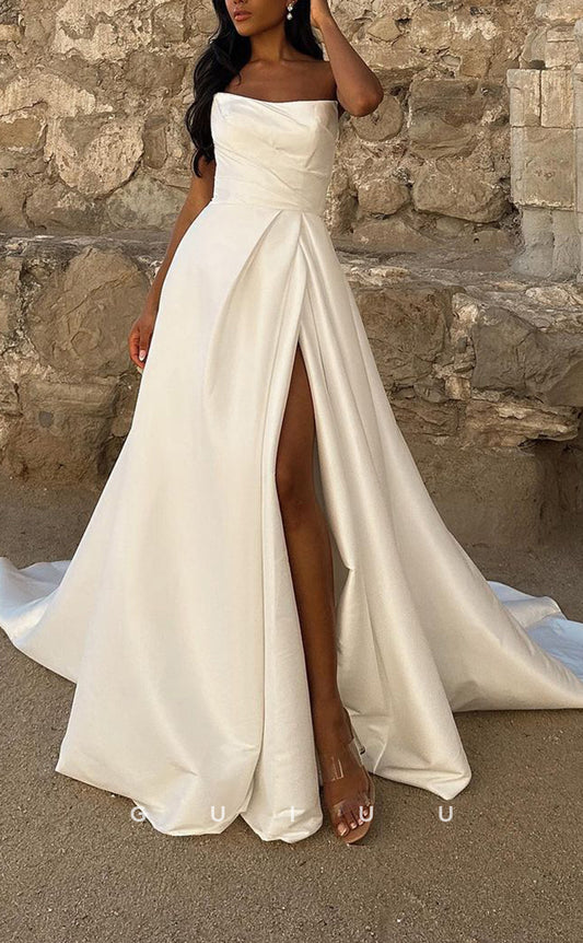 GW371 - Chic & Modern A-Line Pleats Satin Beach Wedding Dress With Slit