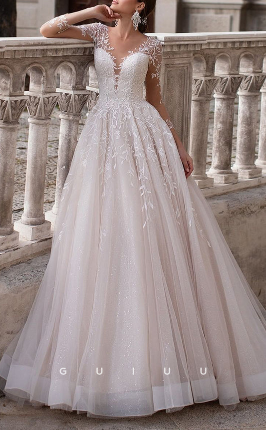 GW372 - Elegant Sparkly A-Line V-Neck Lace Long Sleeves Wedding Dresses