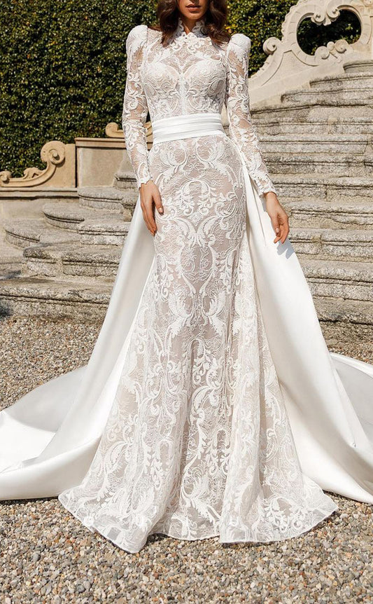 GW373 - Elegant & Luxurious Lace Sheer Long Sleeves Boho Wedding Dress With Train