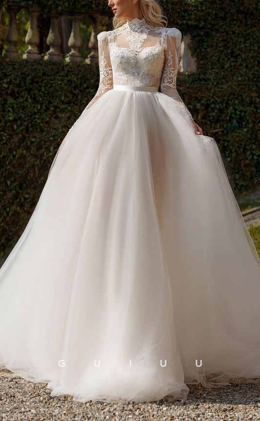 GW374 - Chic & Modern High Neck Lace Long Sleeves Tulle Boho Wedding Dress