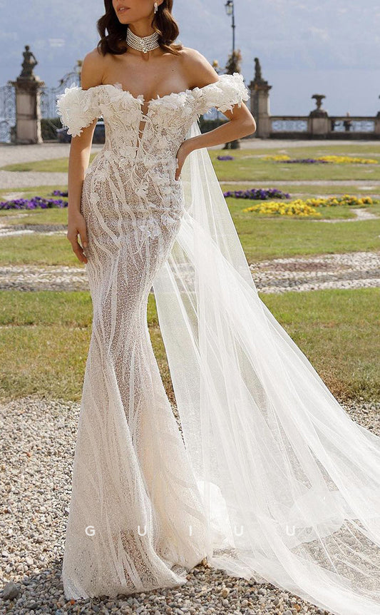 GW376 - Luxury Off-Shoulder Lace Beaded Floral Embroidered Boho Wedding Dress With Train