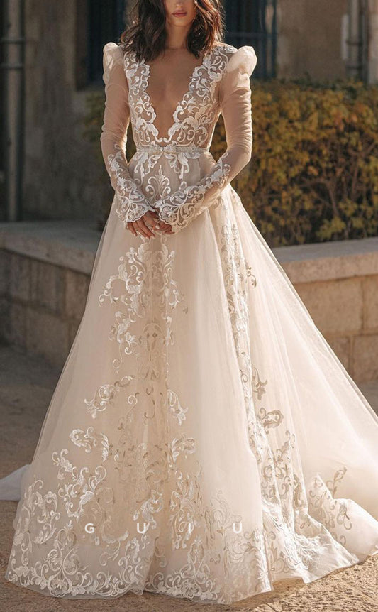 GW377 - Chic & Modern A-Line Lace Applique Sheer Long Sleeves Boho Wedding Dress