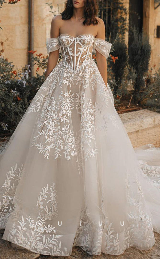GW378 - Classic & Timeless A-Line Off-Shoulder Sheer Applique Boho Wedding Dress