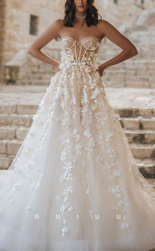 GW379 - Elegant A-Line Strapless Sheer Floral Embellished Long Boho Wedding Dress
