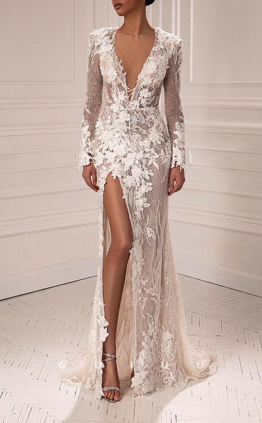 GW380 - Chic & Modern V-Neck Lace Applique Long Sleeves Beach Boho Wedding Dress