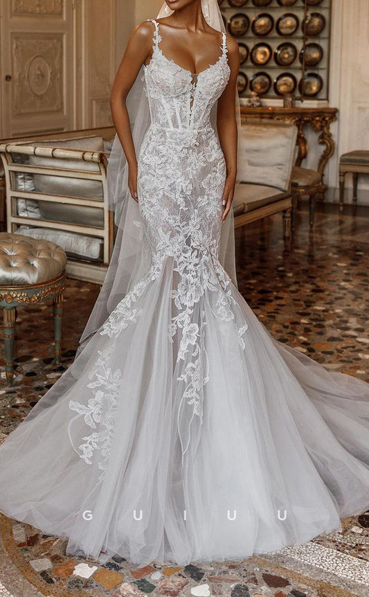 GW381 - Elegant & Luxurious Mermaid Straps Lace Applique Sheer Tulle Boho Wedding Dress