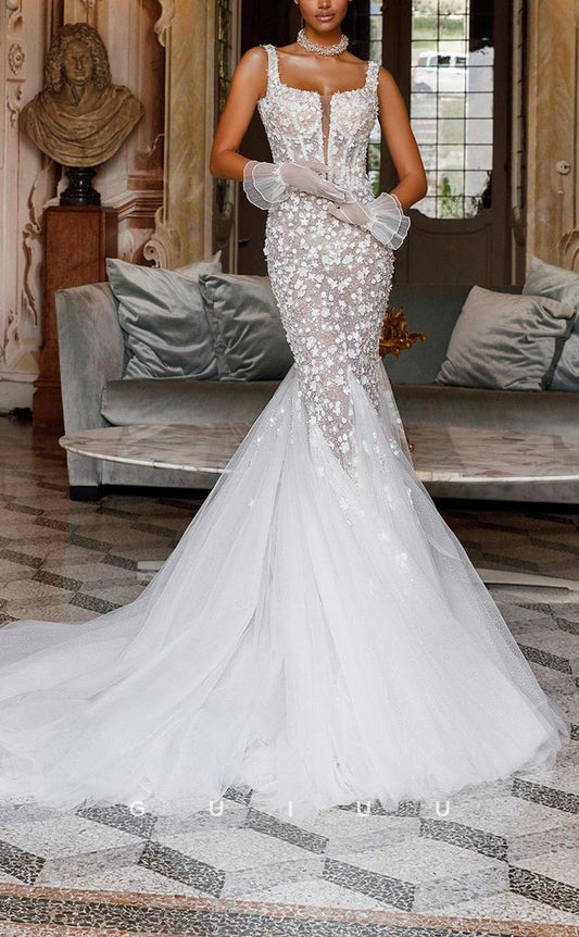 GW382 - Elegant & Luxurious Mermaid Straps Beaded Floral Embossed Sheer Boho Wedding Dress