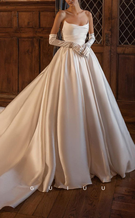 GW383 - Simple Elegant A-Line Satin Strapless Pleats Long Boho Wedding Dress