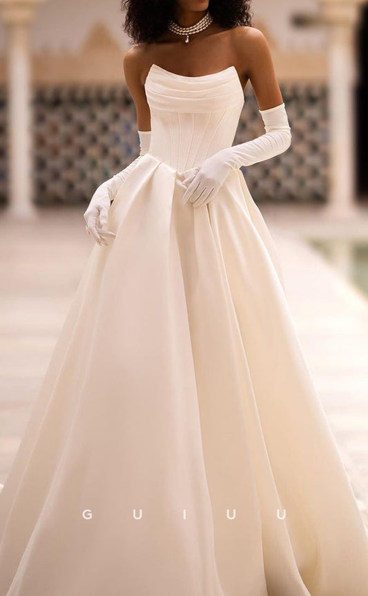 GW384 - Chic & Modern A-Line Bateau Pleats Satin Long Boho Wedding Dress