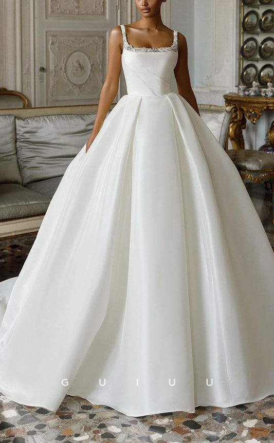 GW386 - Classic & Timeless A-Line Square Satin Beaded Long Boho Wedding Dress